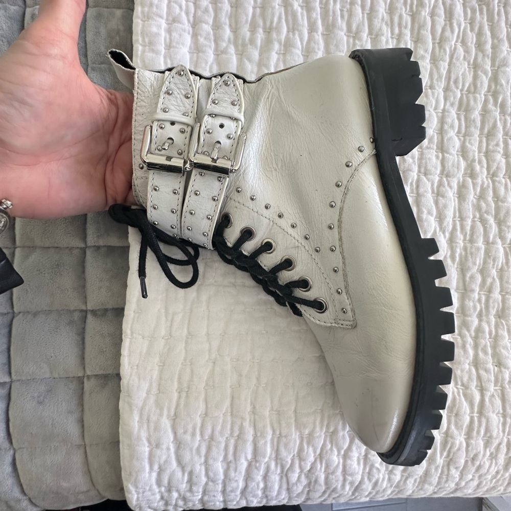 Rebecca Minkoff Jaiden 7 1/2 Studded Leather White Ankle Boots with Buckles - Picture 1 of 4